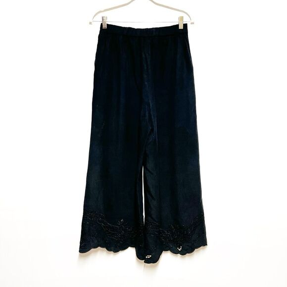 Kobi Halperin Black Cropped Wide Leg Lace Embroidered Tencel Pants size M - Picture 3 of 5